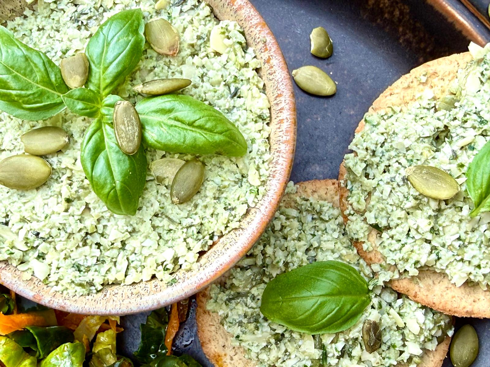 raw pumpkin seed basil pesto pate - oil-free and vegan