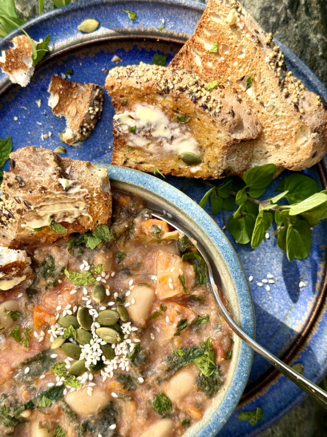 nettle soup recipe with mint and butter beans - vegan, gluten-free